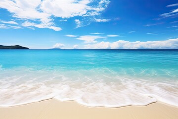 Fototapeta na wymiar Panorama of a Beautiful White Sand Beach and Turquoise Water: Summer Beach Bliss