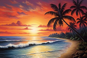 Fototapeta na wymiar Panoramic Beach Landscape: Stunning Beach Sunset with Palm Trees Immersed in Tropical Beauty