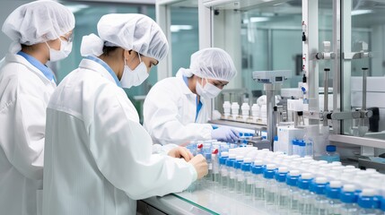 Naklejka premium Staff inspecting medical vials on production line in pharmaceutical factory