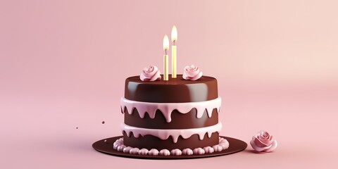 a birthday cake with melted pink cream, lit candles, pink background