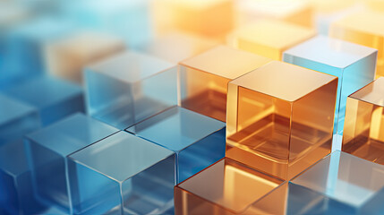 Texture background with random 3d cubic crystal boxes in bright blue and yellow colors - obrazy, fototapety, plakaty