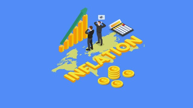 Stressed businessmen over global inflation 3d isometric cartoon animation in 4K UHD 3840x2160