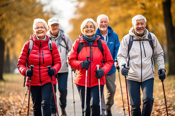 A group of pensioners are doing Nordic walking in the park. - obrazy, fototapety, plakaty