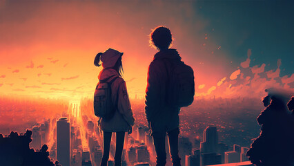 Obraz premium Mountain-Top Serenity: Young Couple Standing on the Rooftop, Gazing at the City - Lofi Style