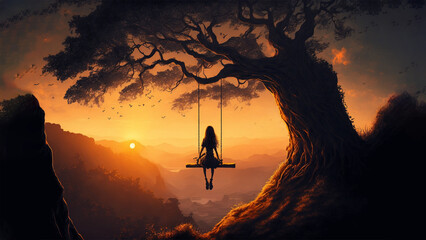 Golden Hour Swing: Girl on a Giant Tree at Ochre Sunset - obrazy, fototapety, plakaty
