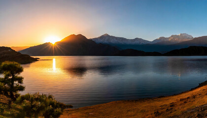 First Light Magic Sunrise at the Lake with Mountains