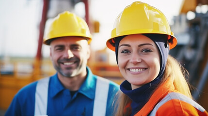 Happy Woman and men worker look at camera on oil and gas Offshore construction platform background.