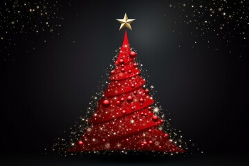 Fototapeta na wymiar Festive card: red merry Christmas banner with a beautiful Christmas tree made of ball, star streamer, and glitter on a black backdrop. Generative AI