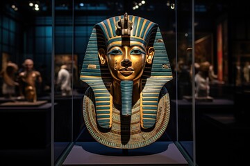 Ancient Egyptian Funeral Mask Pharaoh in Museum Display - obrazy, fototapety, plakaty