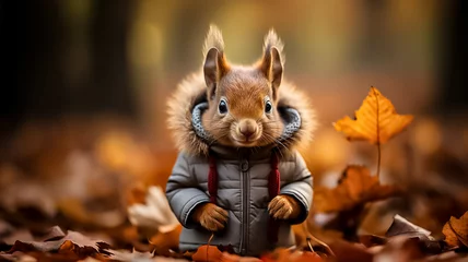 Photo sur Plexiglas Écureuil Super cute funny squirrel wearing a scarf in beautiful Fall landscape, Autumn scene with a cute european red squirrel. Sciurus vulgaris. copy space