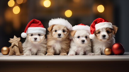 Fototapeta na wymiar Little Puppys in Christmas Costume