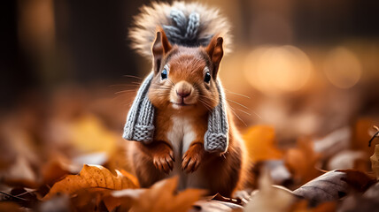 Super cute funny squirrel wearing a scarf in beautiful Fall landscape, Autumn scene with a cute european red squirrel. Sciurus vulgaris. copy space - obrazy, fototapety, plakaty