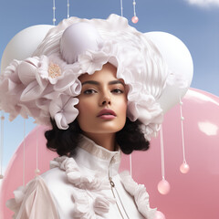 Fashion female model in space clothes wearing a big hat, pink bubbles around the model. Pastel fashion concept.