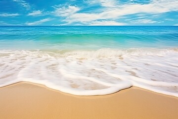 Fototapeta na wymiar Soft Wave of Blue Ocean on Sandy Beach Background: Captivating Sea Wave on the Sand Beach