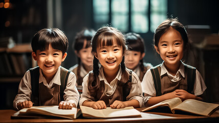 a primary elementary school group of children studying in the classroom. learning and sitting at the desk. young cute kids smiling.