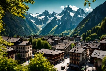 Fototapeta na wymiar City of Chamonix during summer with moutains in the background