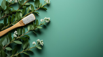 Eco-friendly bamboo toothbrushes and eucalyptus leaf on green background. Natural organic bathroom beauty product concept. Flat lay, top view, copy space. Natural bamboo toothbrush green background - Powered by Adobe
