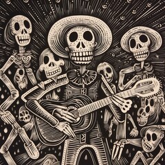 Day of deads, mexico celebration, woodcut print od calaveras skeletons in black and white - obrazy, fototapety, plakaty