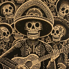 Day of deads, mexico celebration, woodcut print od calaveras skeletons in black and brown