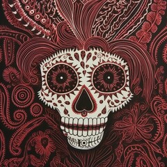 Day of deads, mexico celebration, woodcut print od calaveras skeletons in black and red