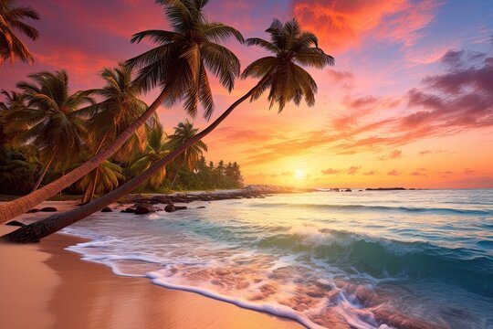 Sunset Beach Images: Exploring a Tropical Paradise with White Sand and Coco Palms
