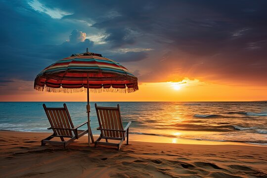 Sunset Beach Pictures - Chairs and Umbrella on Beach: Serene Scenery Capture