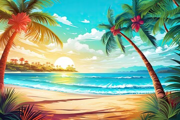 Tropical Holiday Beach Banner: Beach with Palm Tree - Vibrant Paradise Getaway