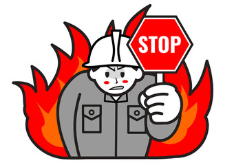 ストップの看板を持つ燃える作業員