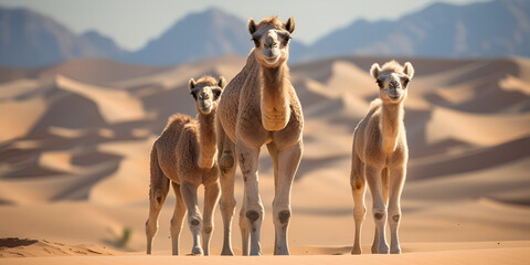 Portrait of  wild camels in desert 