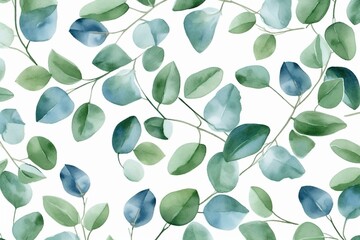 Watercolor eucalyptus leaves pattern on a white background. Generative AI