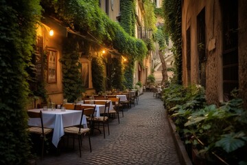 Fototapeta na wymiar Charming old road in Rome adorned with lush vines and outdoor dining, Italy. Generative AI