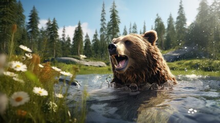 Bear on beautiful nature background, Wildlife Bear catching fish in the river