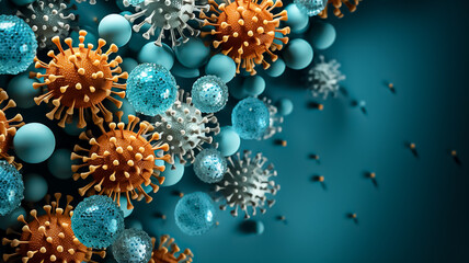 Obraz na płótnie Canvas Virus background, Flu,viruses and bacteria shapes against blue background. Close-up of virus cells or bacteria. Concept of science and medicine copy space