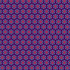 Abstract geometric floral mosaic fabric pattern Vibrant blue, yellow, purple magenta fuchsia motifs 