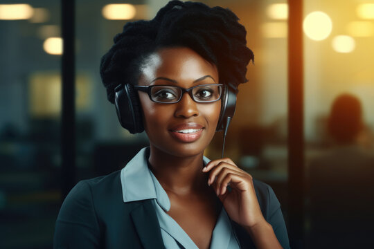Woman wearing headset and glasses. This image can be used to represent call center operator or someone working in customer service.