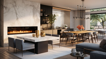 Contemporary living room with marble fireplace
