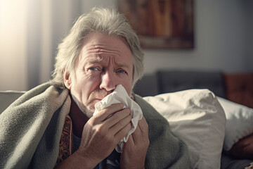 A sick old man blows his nose with a handkerchief in the living room - obrazy, fototapety, plakaty
