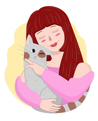 Cute woman hugging her cat. Vector illustration in cartoon style.