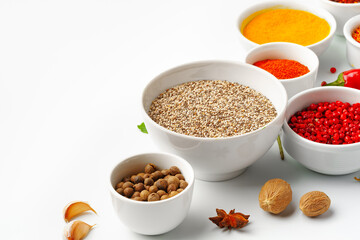 Beautiful composition with various spices on white background