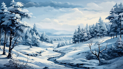 Winter background. Fairytale snowy forest. Christmas card template. Design ai