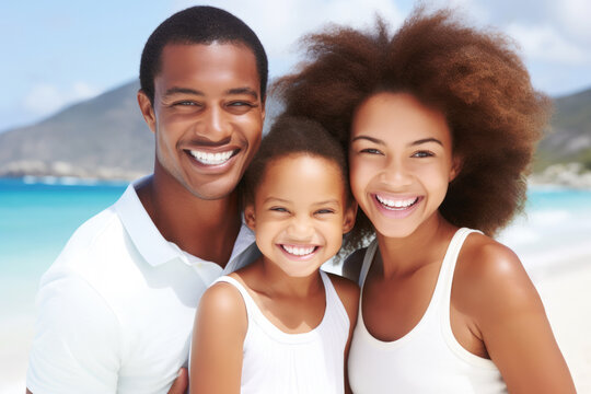 Picture of man, two women, and child enjoying their time on beautiful beach. This image can be used to depict family vacation, beach holidays, or summer fun.