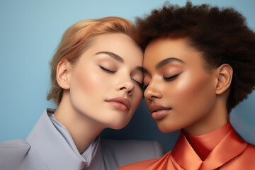 Two women pictured with their eyes closed. This image can be used to represent relaxation, meditation, friendship, or bonding.
