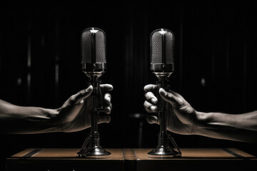 Two hands holding pair of microphones. Perfect for music events, public speaking, podcasts, and...