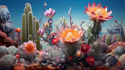 Fototapeta na wymiar A desert cactus blooming with unexpected, vibrant flowers.