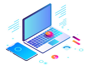 illustration of a phone and laptop with various web elements