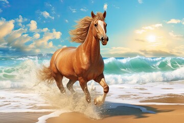 Obraz na płótnie Canvas Wave of the Sea and Horse on Beach: Captivating Coastal Scenery on Sandy Shores