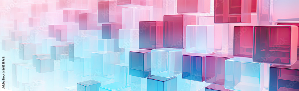 Wall mural panoramic texture background with random 3d cubic crystal boxes in bright blue and red colors