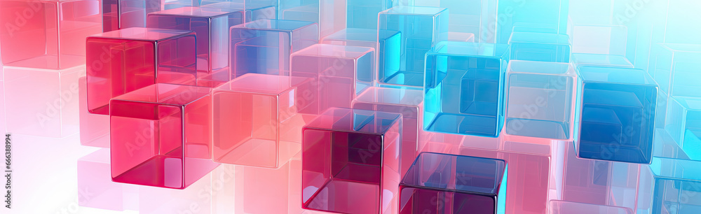 Wall mural panoramic texture background with random 3d cubic crystal boxes in bright blue and red colors