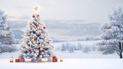 白いクリスマスツリーのフレーム、余白・コピースペースのあるクリスマスの背景