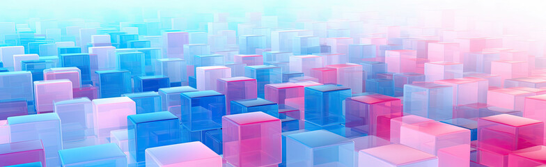 Obraz premium Panoramic texture background with random 3d cubic crystal boxes in bright blue and red colors
